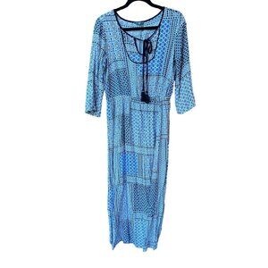 Fleur Bleue Bohemian Style Floral Print Maxi Dress With Tassel Tie & 3/4 Sleeves